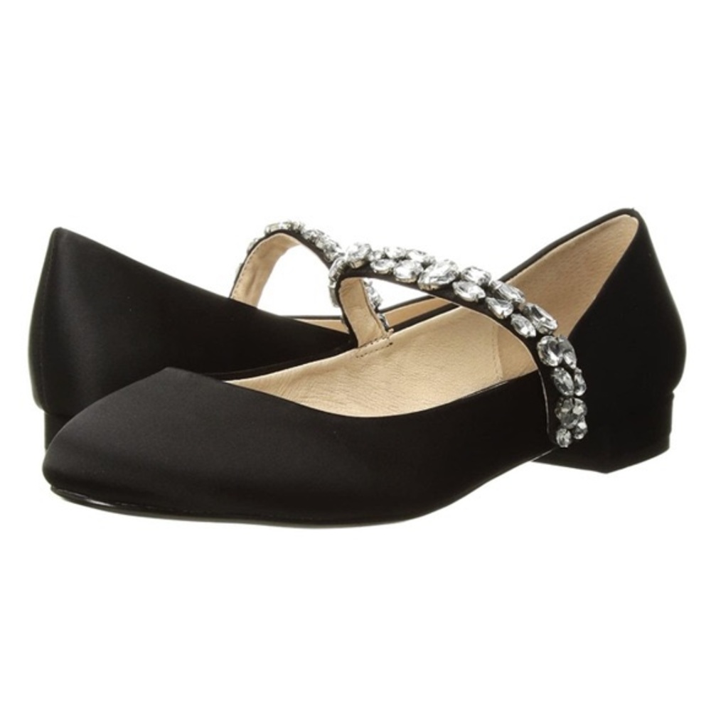 Betsey Johnson Mary Jane Black Satin Ballerina Flat shoes Rhinestone Strap 8.5
